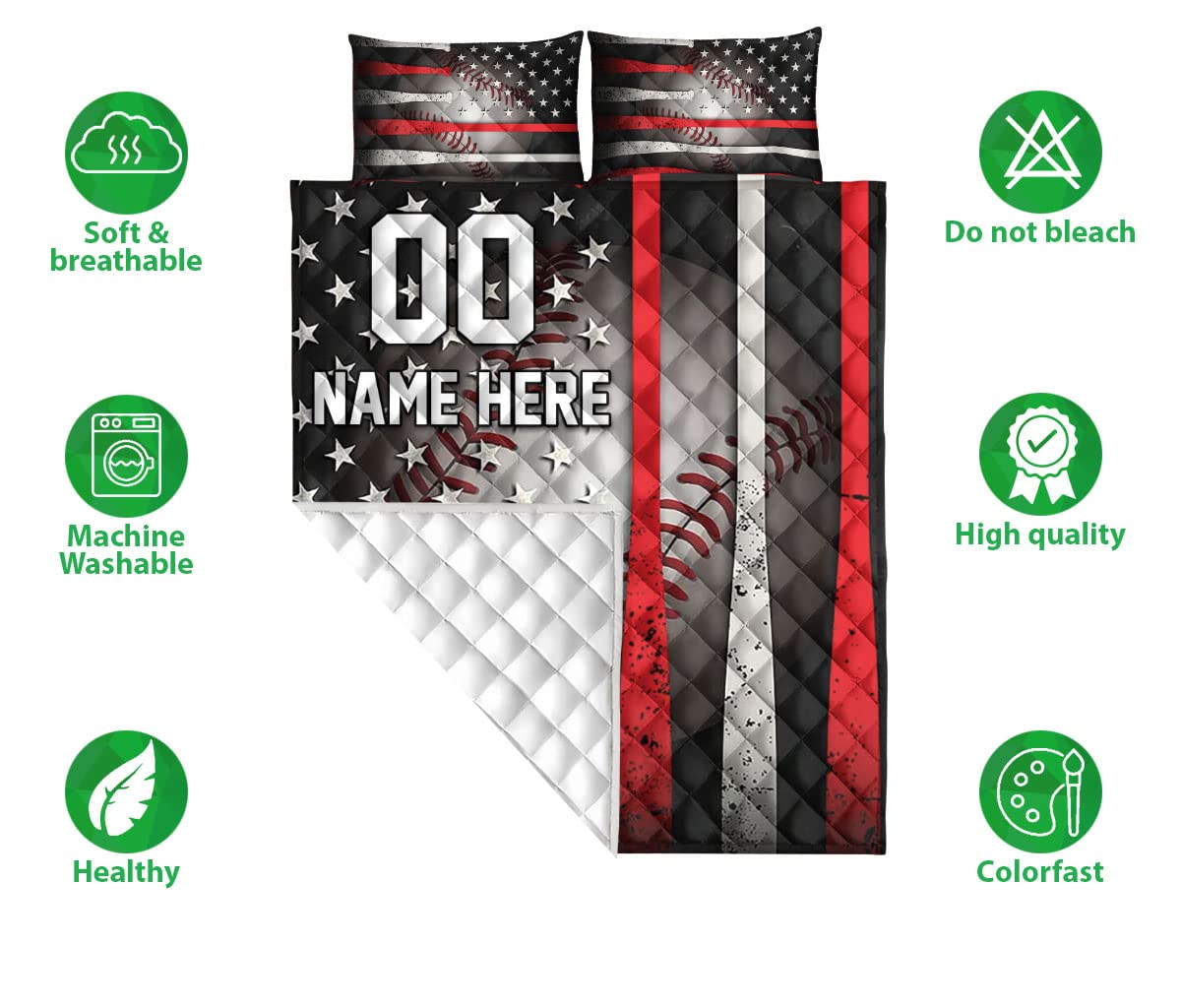 OhaPrints Custom Baseball for Son Boy Men Us Flag Personalized Name Number Quilt Blanket & Pillowcases, Quilts Bedding Set & Pillow Cover, King Queen Double Twin Throw Full Size Bedspread Bed Sets