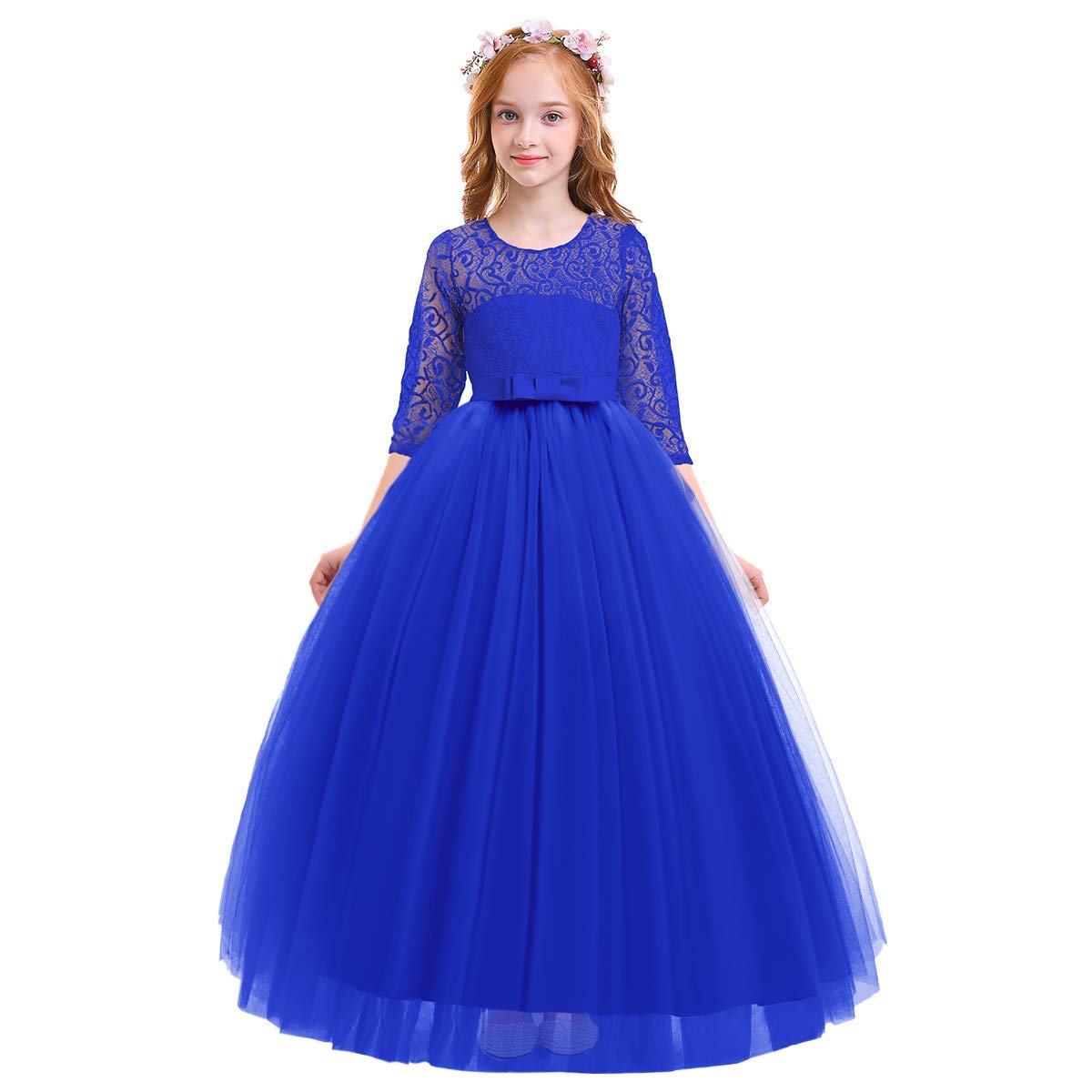 IWEMEK Flower Girls 3/4 Sleeve Floral Lace Tulle First Communion Pageant Dresses Kids Big Girls Princess Birthday Carnival Christmas Bridesmaid Wedding Party Prom Ball Gown 2-14 Years — view 31
