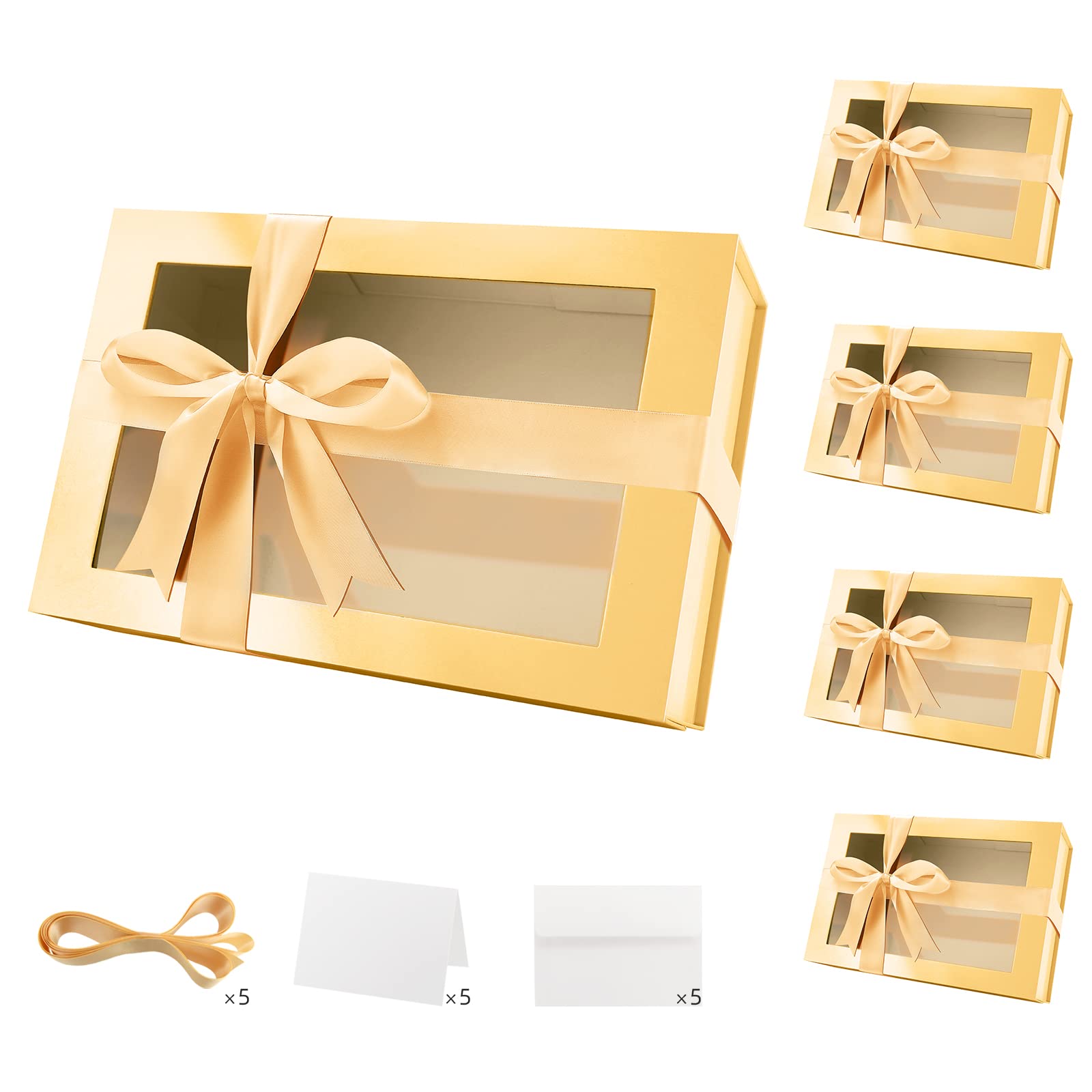 PACKQUEEN 5 Large Gold Gift Boxes with Windows, 13.5x9x4.1 Inches Clear Gift Boxes for Presents Contain Ribbons, Cards, Bridesmaid Proposal Boxes, Boxes with Magnetic Lids (Glossy Gold) — image 1