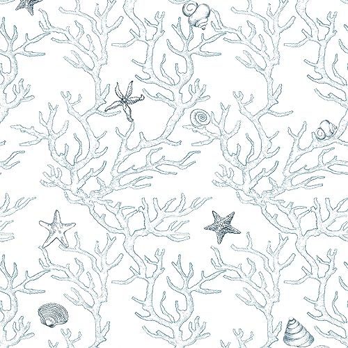 JOLIHOME Bleu et Blanc Papier Peint Autocollant Effet vie Marine Papier de Contact Motif Corail Etoile de Mer Coquillages Sticker Mural Film Vinyle Rouleaux...