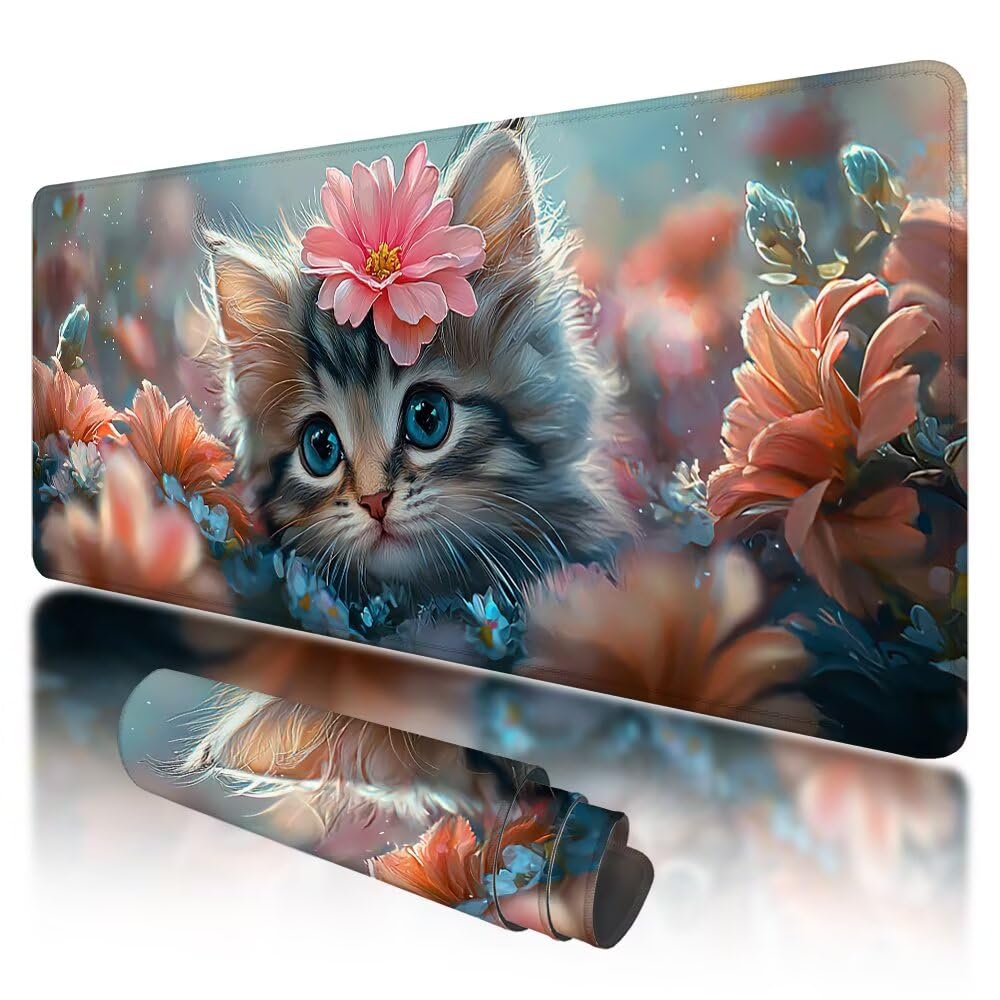 Podkładka pod mysz do gier, duża podkładka pod mysz XXL 1200 x 600 x 3 mm w kwiaty pod ręką ze zszytymi krawędziami, podkładka pod mysz do gier XXL wodoodporny antypoślizgowy kot do PC, akcesoria