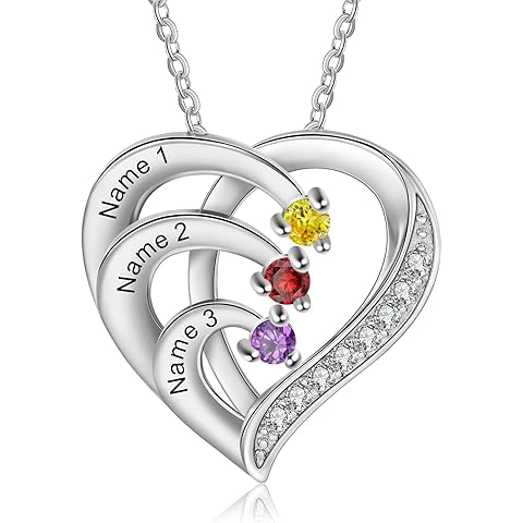 925 Sterling Silver Personalized Name Mom Necklace with 2-6 Heart Birthstones Custom Name Mother Chain Pendant Mother Day Christmas Gifts for Women Mom Grandma Wife
