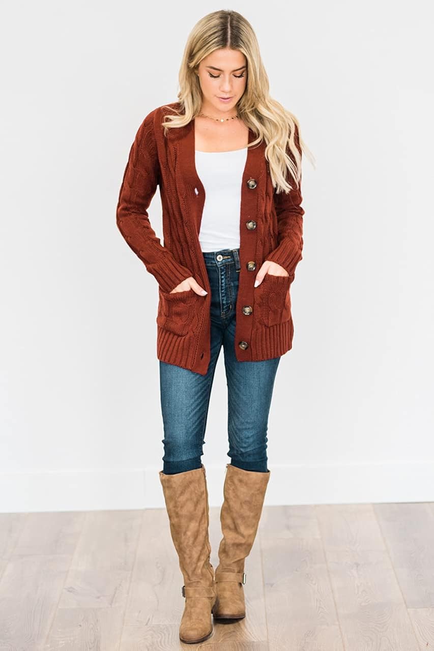 TARSE Women's Open Front Cardigan Sweaters Long Sleeves Cable Knit Outwear Chunky Knitwear Coat with Pockets