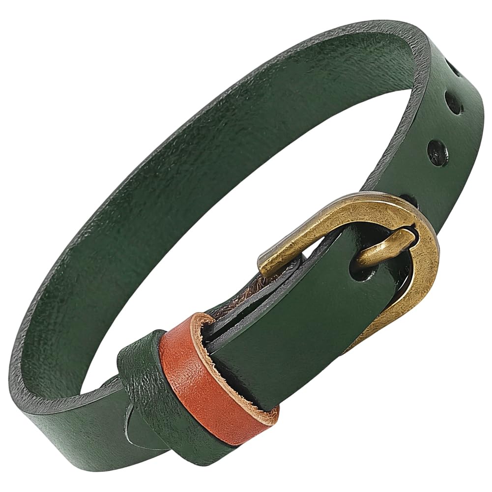 CALFOVERA CALFOVERA Pulsera Minimalista de Piel de Vaca de 1cm con Hebilla de Aleación de Cuero Genuino, Brazalete Ajustable para Hombres Y Mujeres, para Uso Diario, Regalo de Fiesta de Disfraces (Verde Oliva).
