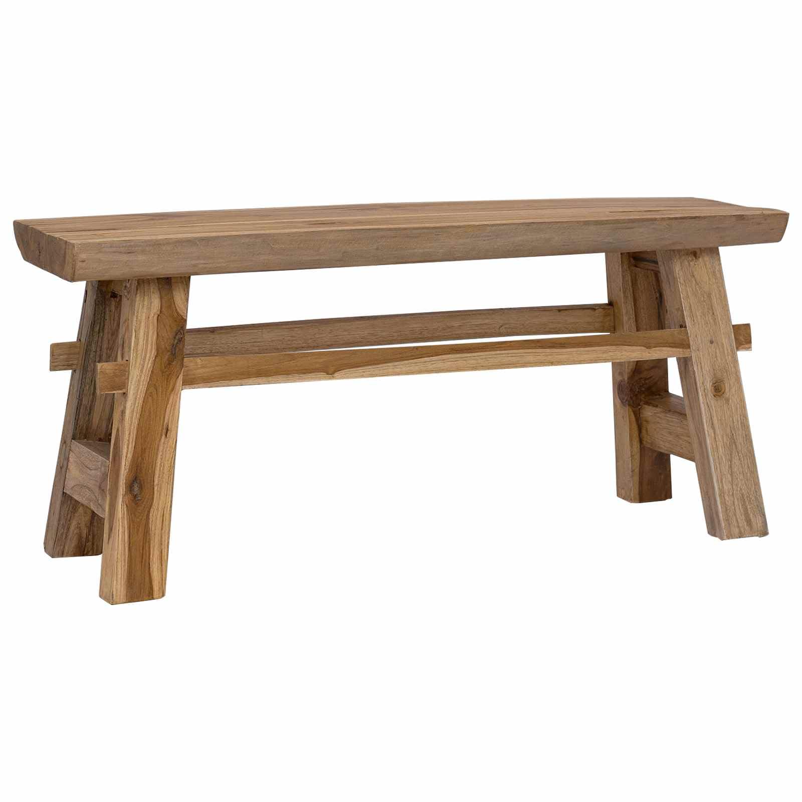 Ławka z naturalnego drewna tekowego, 100 x 29 x 43,5 cm, stabilna ławka do siedzenia na balkon, do ogrodu, na taras, z naturalnym rysunkiem słojów i wytrzymałą ramą, wszechstronne