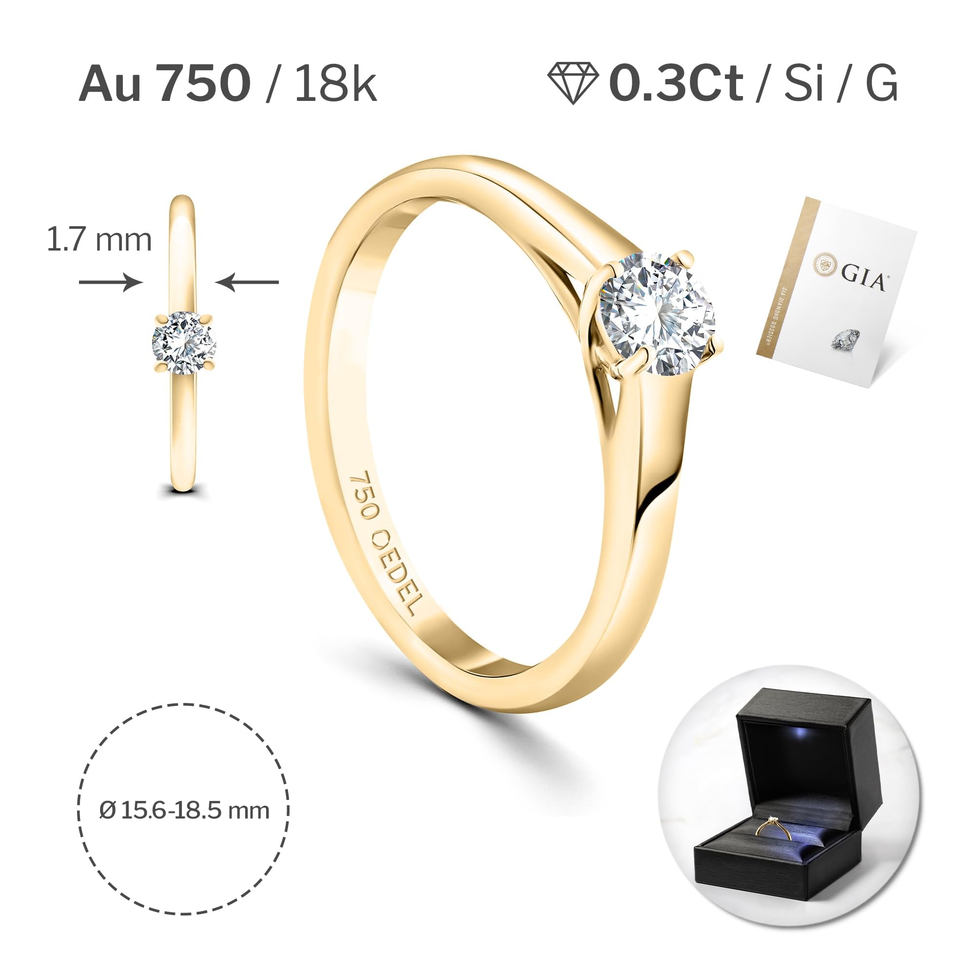 EDELIND Bague de fiançailles femme - Diamant naturel 0.05-1 ct - or jaune 18k 750 - certificat GIA, coffret cadeau - Symbole d’amour