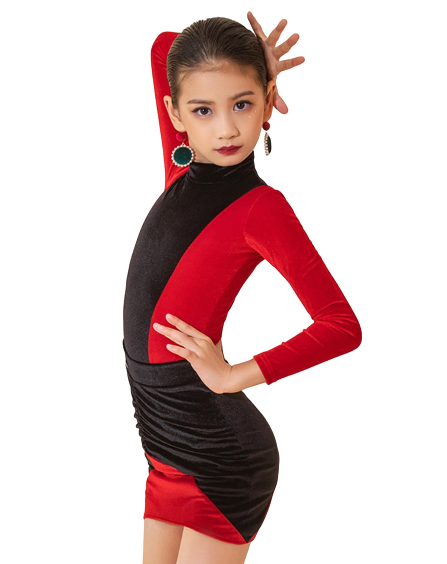 Vestidos para Niñas, Vestido de Baile Latino de Manga Larga, Vestido de Baile de Salón, Ropa de Escenario para Niñas, Ropa de Baile, Vestido de Competición, Elegante Lírico (160 cm)