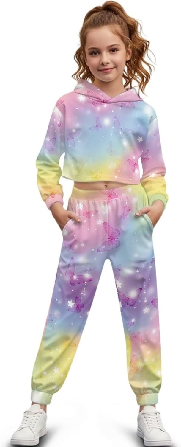 Xoenoiee Girls Sweatsuits 2 Piece Outfits Tracksuits Long Sleeve Sweatshirts and Jogger Pants Crop Top Hoodie Pant Set 4-13Y