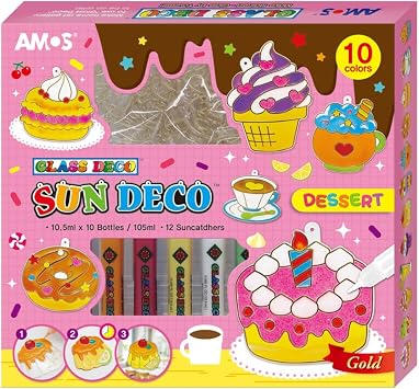 AMOS Sun Deco Window Art 10.5 ml x 10 Colors 12 Small Gold Outline Suncatchers for Kids Dessert, DIY Kids Arts and Crafts