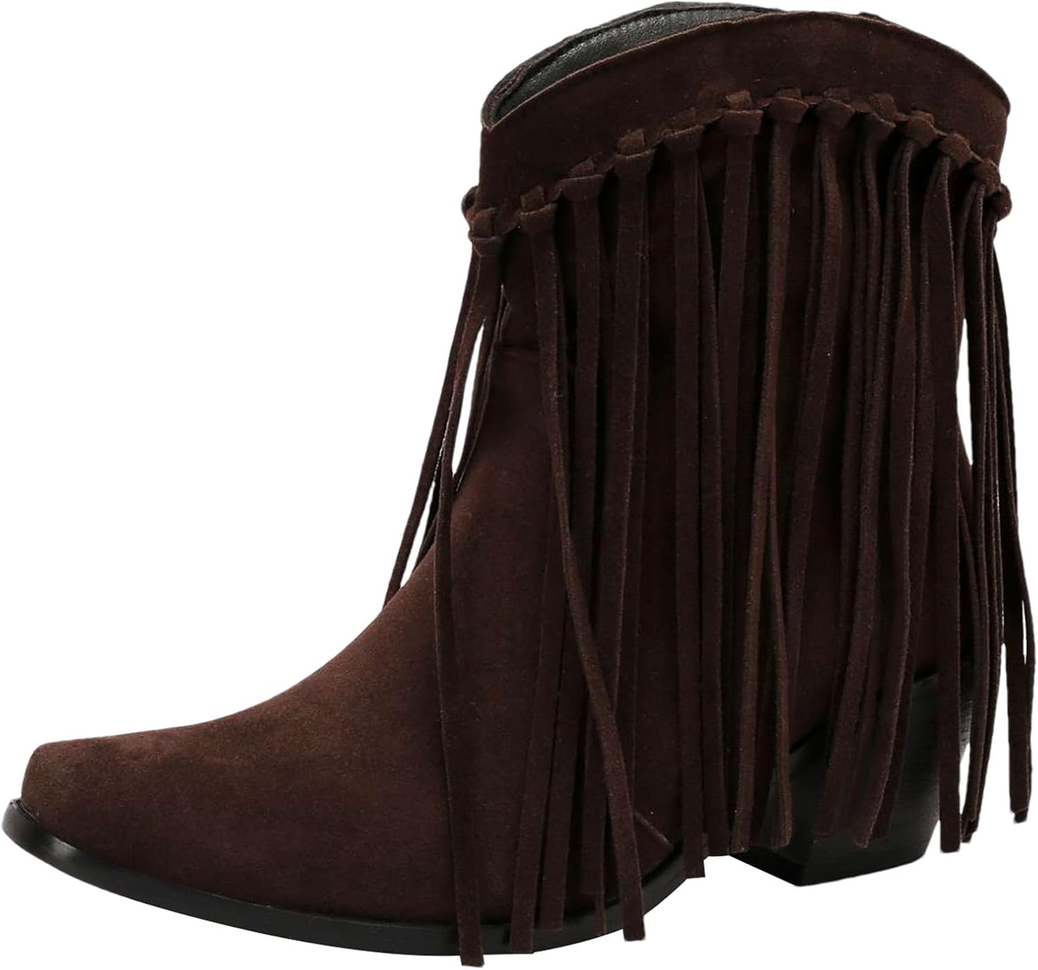 rismart Women's Western Ankle Boots Square Toe Chunky Heel Pull-On Booties with Tassels Casual Cowgirl Shoes