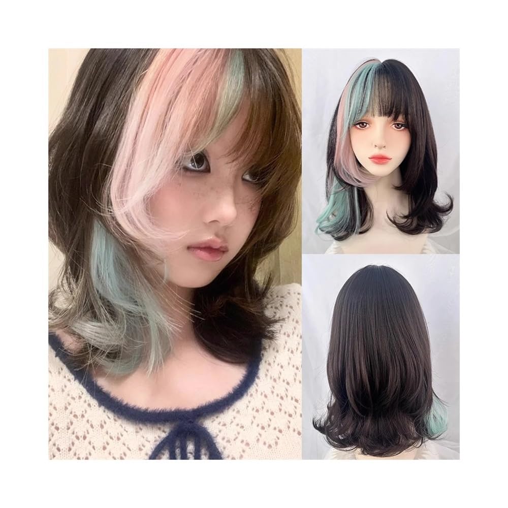 Parrucche realistiche Parrucca sintetica da donna, corta, ondulata, con meches nere, rosa e verdi, frangia, soffice parrucca cosplay Acconciatura femminile