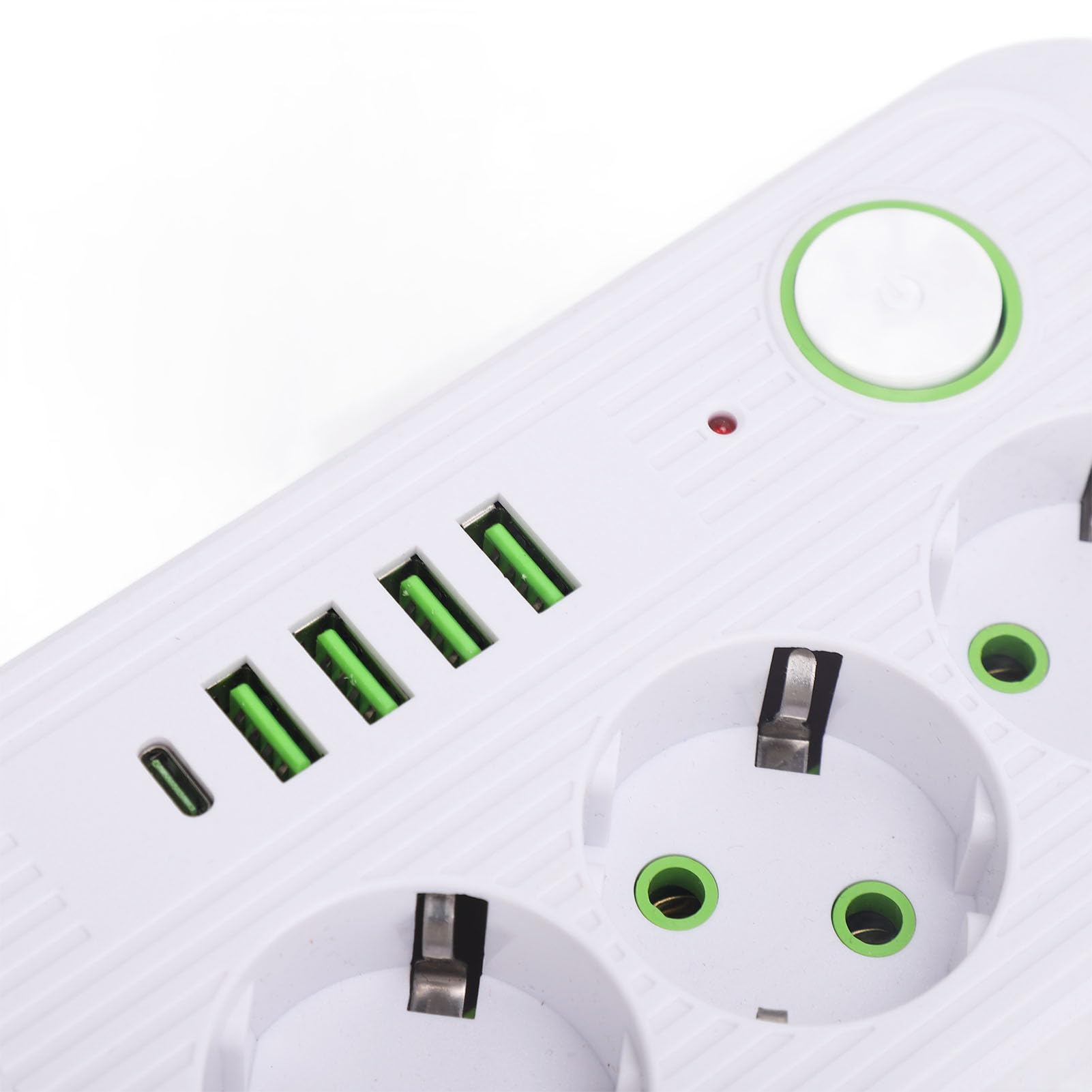Regleta Europea con Toma de Corriente, Alargador de Enchufe con 3 Tomas, 4 USB y 1 USB C, Interruptor de Sobrecarga, Montaje en Pared, Cable de 2m, para Oficina, Dormitorio, (White)