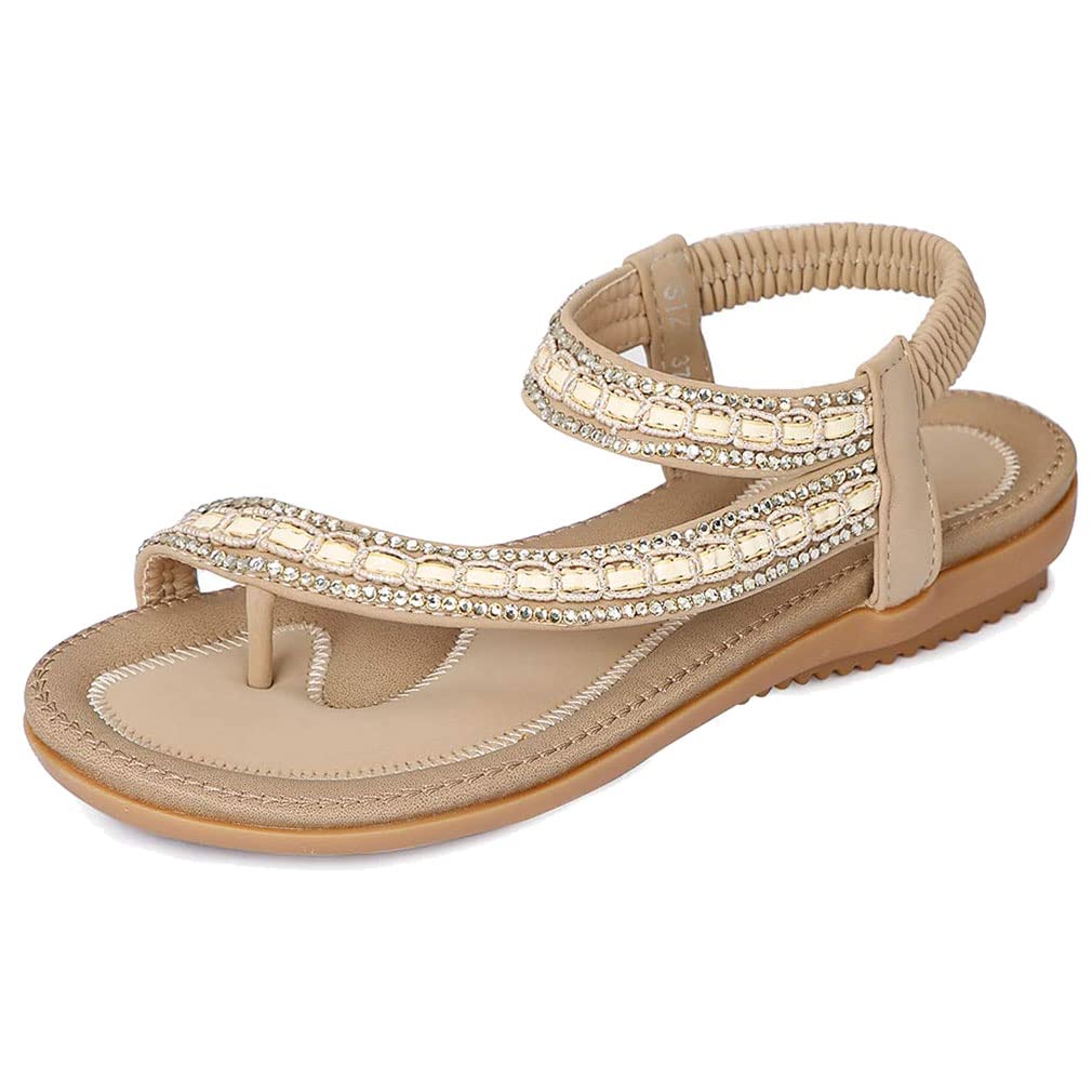 Amissz Damen Sandalen Frauen Bohemian Strass Sandals PU Leder Elastischen Strand Schuhe Zehentrenner