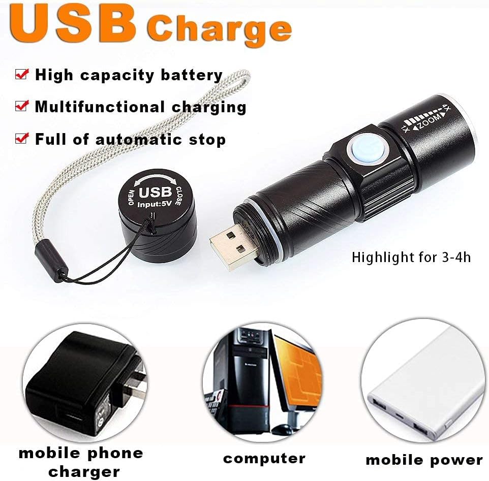 DARKBEAM UV 365nm Flashlight showing hidden USB charging port and various charging methods