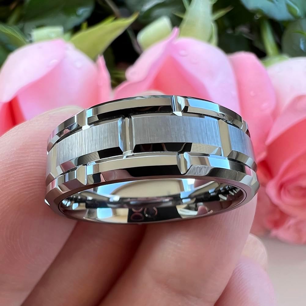 8mm Silver/Black/Gold Tungsten Rings for Men Women Promise Engagement Wedding Band Brick Pattern Brushed Center Comfort Fit - Image 3