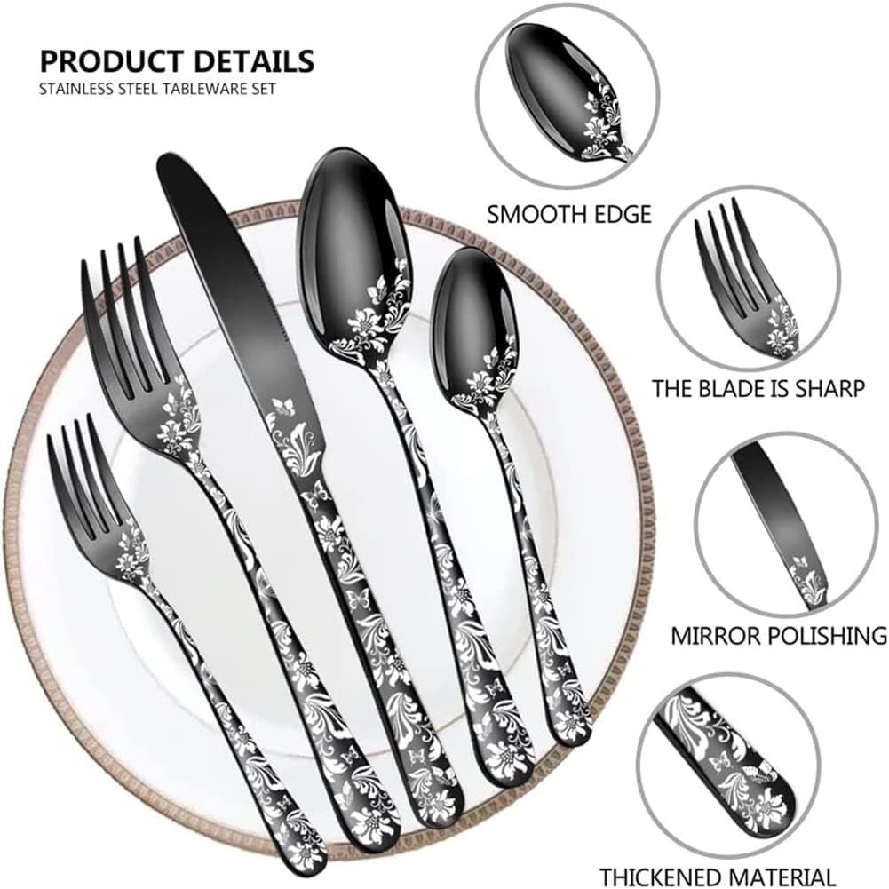 Set di da tavola in acciaio per 4 persone, nere con coltello, forchetta, cucchiaio, da, coltelli da bistecca, lavabili in lavastoviglie
