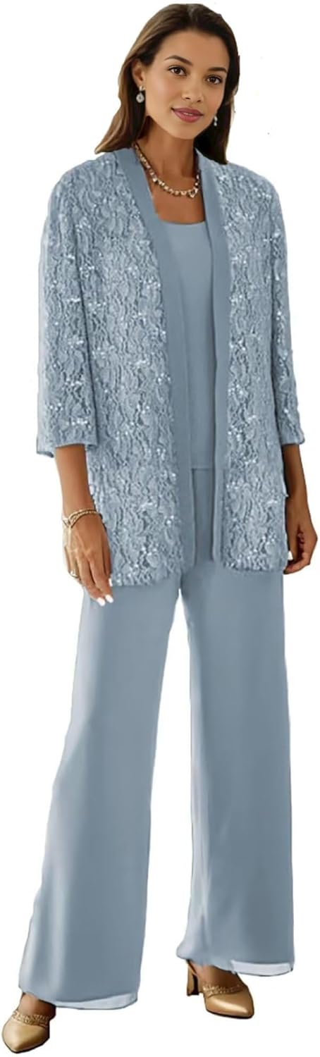 Women’s 3 Piece Mother of The Bride Pant Suits for Wedding - Lace Chiffon 3/4 Sleeve Pantsuits for Women Dressy - Image 6