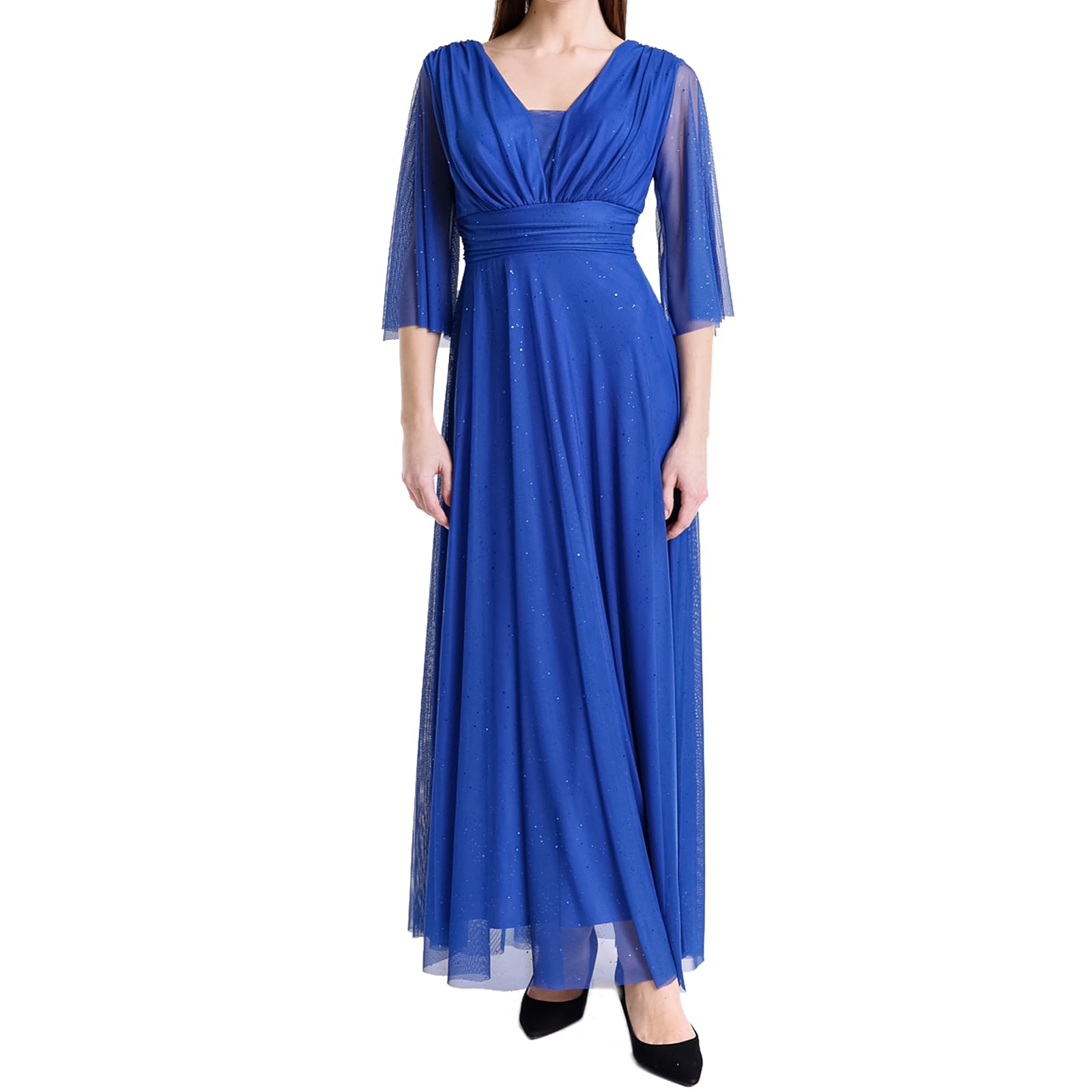 Abito Lungo Elegante Donna da Cerimonia Maniche a 3/4 e Scollo a V.Ideale per Matrimoni, Eventi e Feste. – Made in Italy