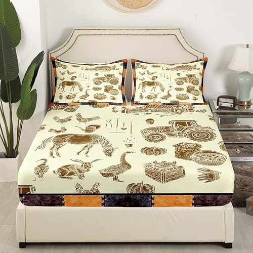 Feelyou Conjunto de lençóis de cama rústico com capa de edredom de fazenda com cavalo, trator de abó