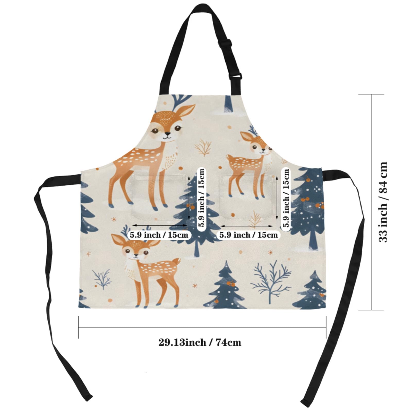 Aglebo Cute Watercolor Deer Christmas Tree Chef Apron with Pockets Adjustable Shoulder Strap Waterproof Cooking Apron for Kitchen Baking Gardening Pottery Painting