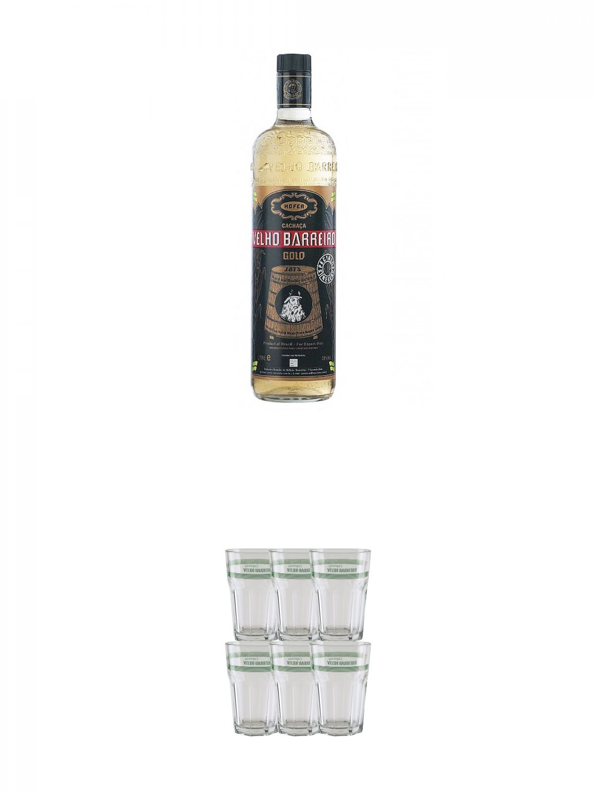 Velho Barreiro Gold Cachaca Originalabfüllung 0,7 Liter + Velho Barreiro Caipirinha Glas 6 Stück