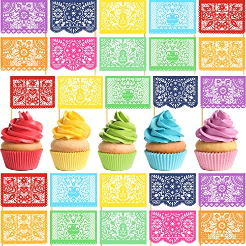 Image of 60 Pcs Colorful Mexican Fiesta Cupcake Toppers, Mini Paper Papel Picado Banner Cake Toppers, Mexican Themed Party Decorations Supplies for Cinco de Mayo Dia De Los Muertos Day of the Dead Decor