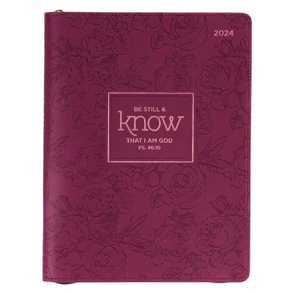 Christian Art Gifts 2024 - 18-Month Women's Vegan Leather Personal Planner Organizer w/Zipper Closure: Be Still & Know - Psalm 46:10 Inspirational Bible Verse for Daily, Weekly, Monthly Planning of Agendas, Aug 2023-Jan 2025, Maroon Floral, Large