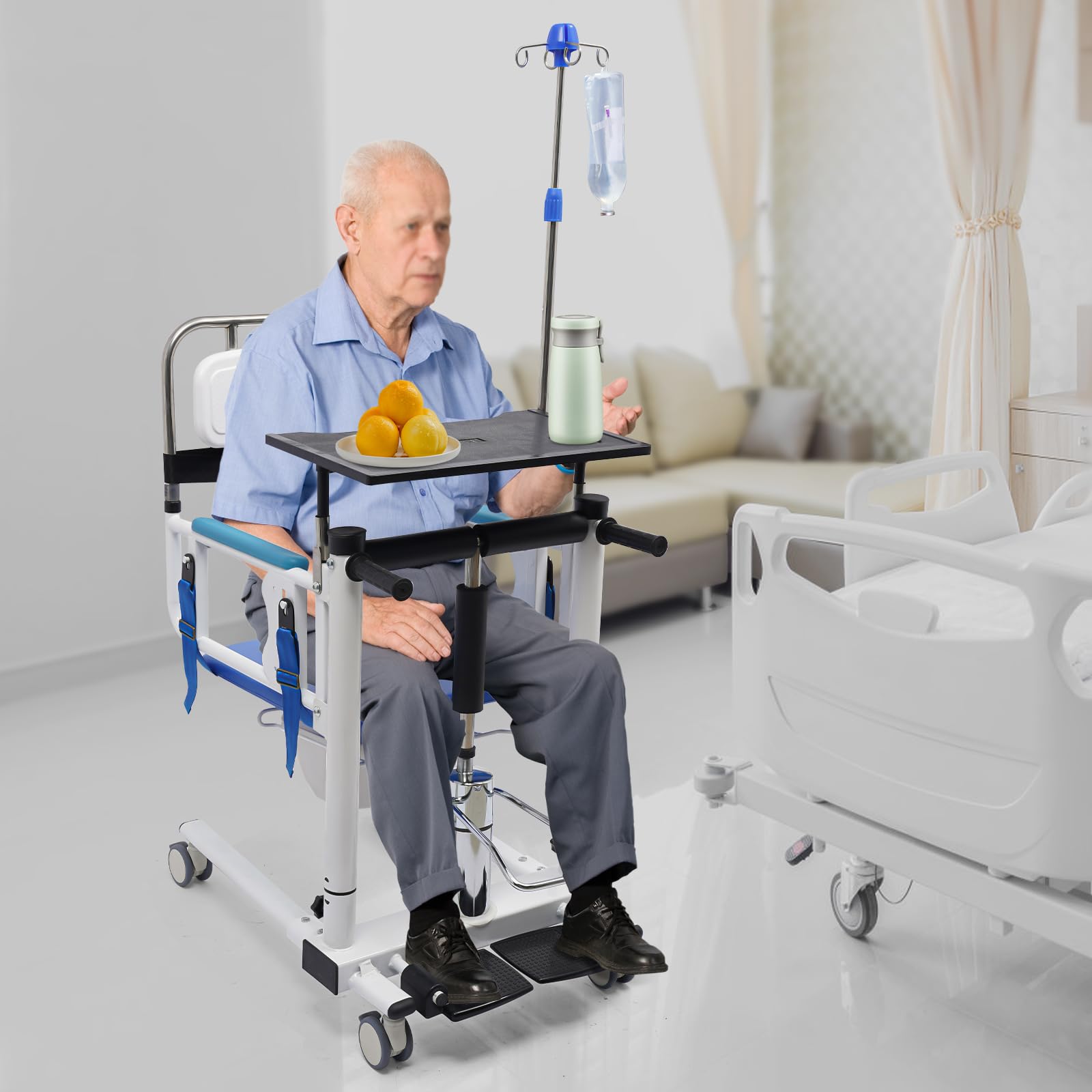 Sollevatore idraulico per pazienti con supporto per infusione, tavolo da pranzo e ruote, regolabile in altezza, sedia da doccia per anziani