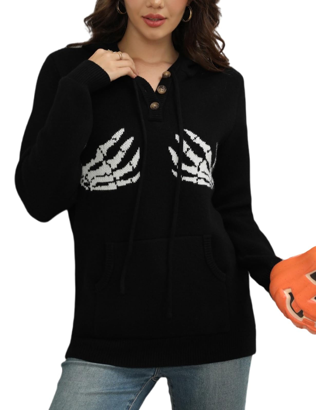 CiCiBird Women Fun Halloween Hoodies Boobs Skeleton Hand Sweater Fall Fashion Pullover with Pockets Black Hand S