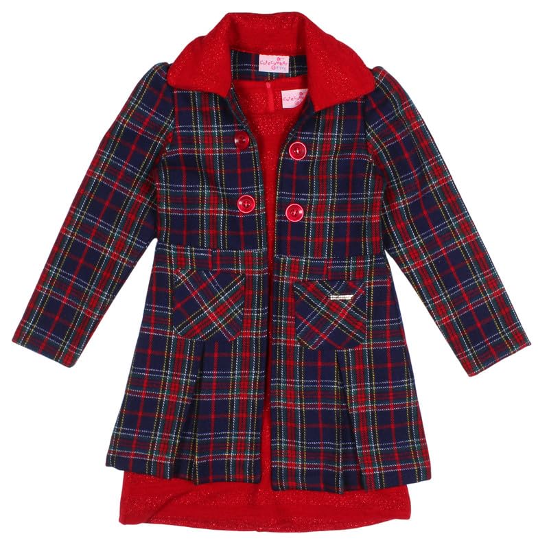 Maroon Shift Dress with Navy Check Tweed Long Blazer-image-2
