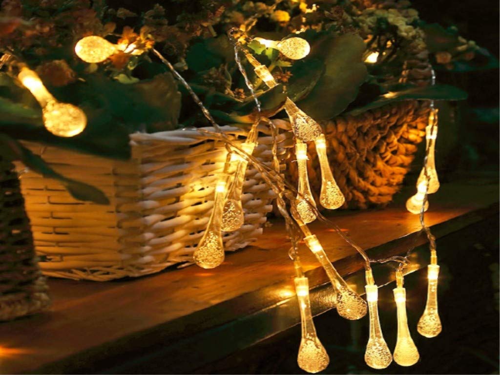 stringa di luci a forma di goccia, 2 m, 20 LED per interni, alimentata a batteria, luci da giardino, per Natale, feste, Warm White