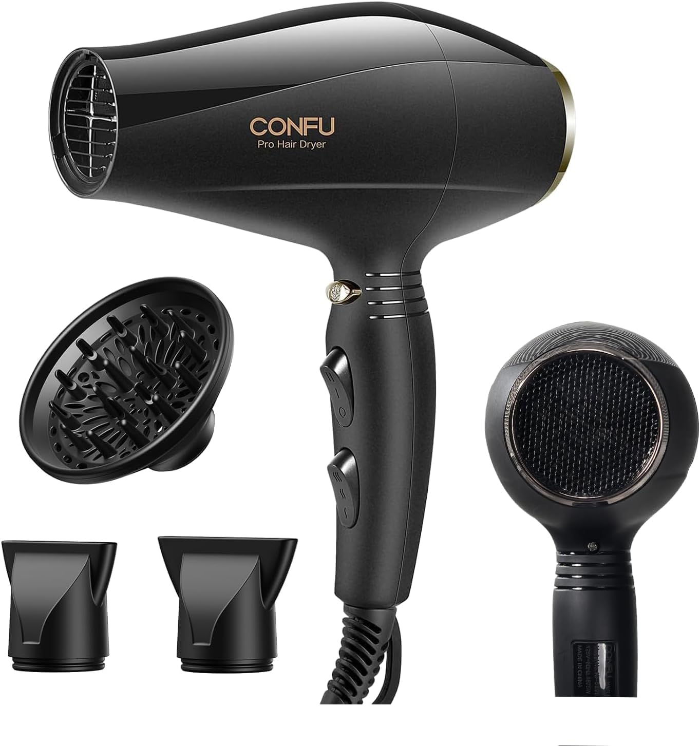 Professional Salon Hair Dryer, CONFU 1875 Watt Negative Ionic Fast Drying Blow Dryer, AC Motor Low Noise Hair Blow Dryer with Diffuser & 2 Concentrator Nozzles
