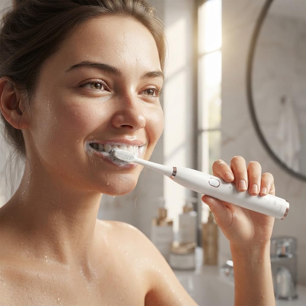 TrueSmile Sonic - Confezione di 2 spazzolini elettrici (nero e bianco) con 8 testine di ricambio, 5 modalità di pulizia, timer intelligente da 2 minuti, ricaricabile tramite USB, impermeabile IPX7