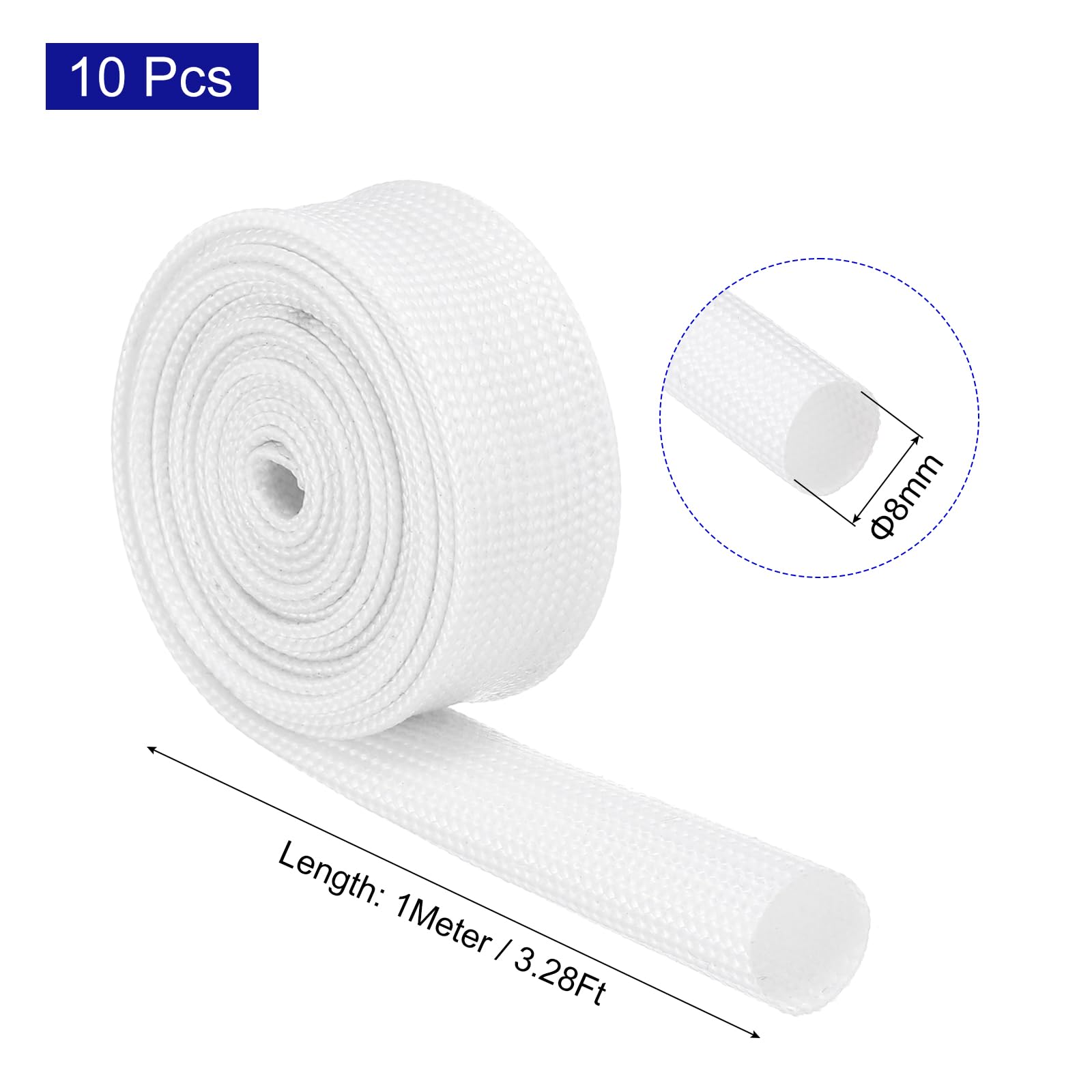 QUARKZMAN 10 Piezas Funda Trenzada Aislante 1m-8mm ID Blanco Funda de Fibra de Vidrio Recubierta de Silicona de Alta Temperatura para Protección de Cableado Eléctrico