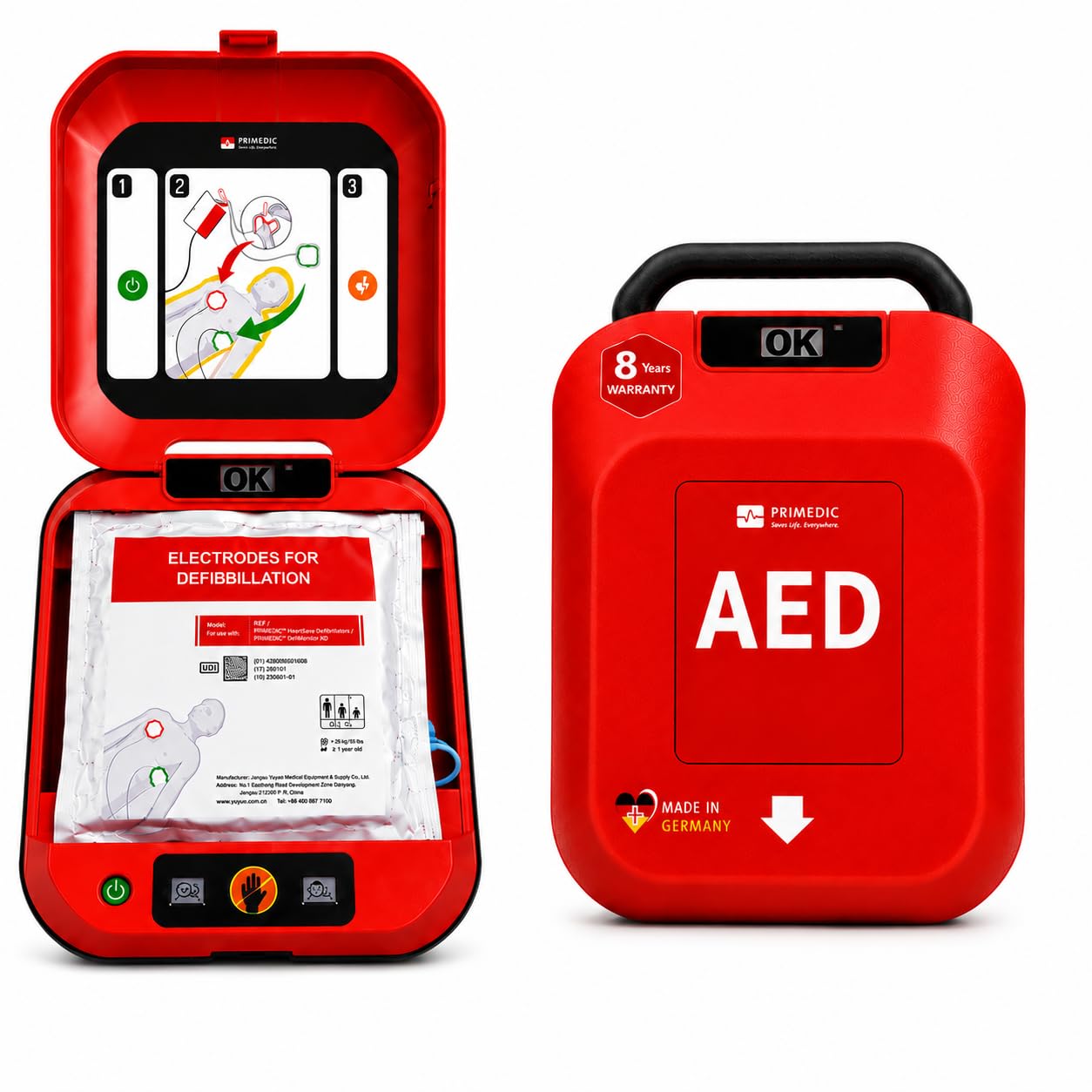 Primedic HeartSave YA Défibrillateur de premiers secours, pour amateurs, avec décharge automatique, Made in Germany, Garantie de 8 ans, Certifié MDR 2027, Langues: FR/GER/ES/IT