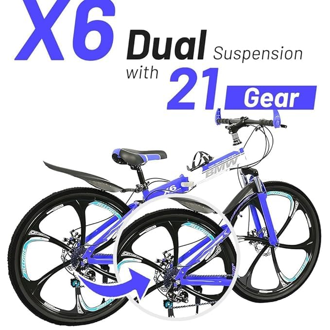 Image of Amaze Kai Dual Suspension Bikes Bm Foldable Gear Cycle for Men with 21 Speed Gear 6 Spoke | Folding Mountain Bike with Double Disc Break & Mac Wheel, 26 Inch (Blue)