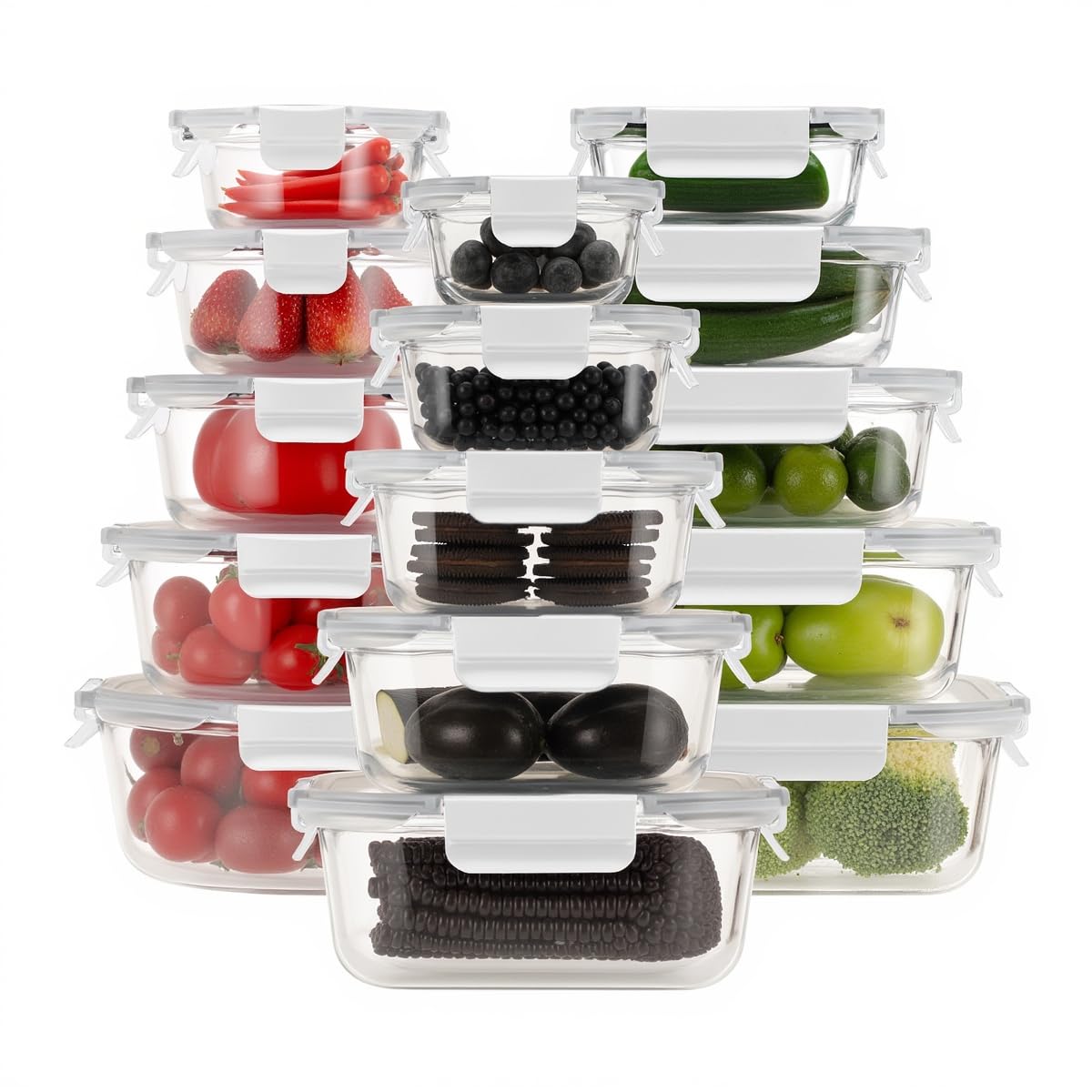 Meal Prep Cajas de cristal, tarros de cristal con tapa, juego de recipientes herméticos con tapa a prueba de fugas, para microondas, congelador y fregadero, 15 unidades, color blanco