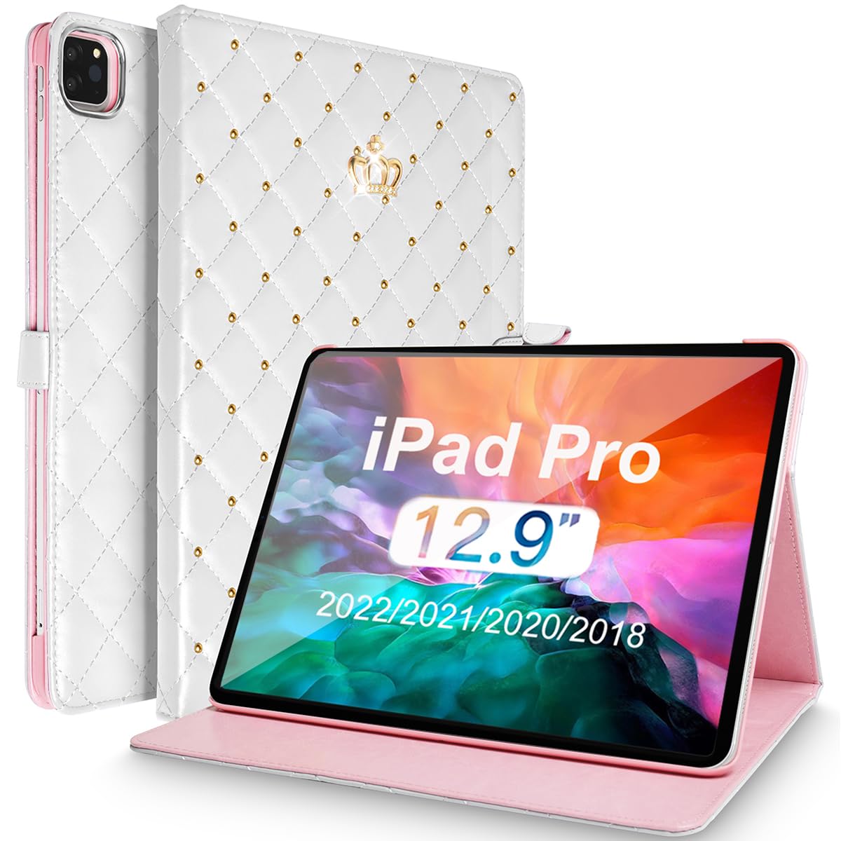 AuroiCCY for iPad Pro 12.9 inch 6th/5th/4th/3rd Case (2022/2021/2020/2018), Girly Woman Cute Crown Elegant PU Leather Bling Diamond Smart Auto Wake/