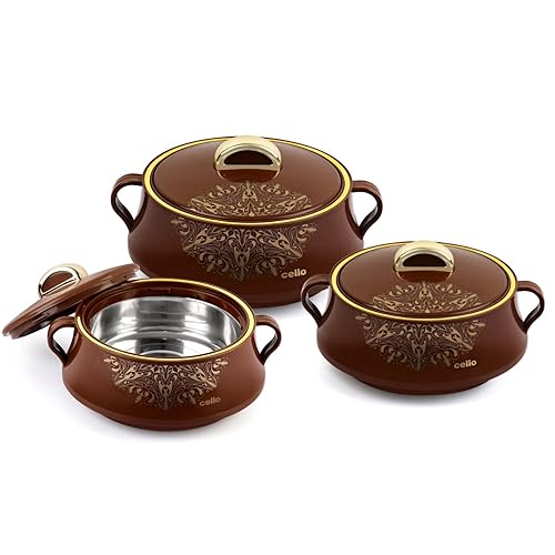 Cello Midas Casserole Gift Set with Inner Steel, 3 Units | Comfort and ease with its ergonomic handles | (500ml, 1000ml, 1500ml), Maroon Cello Midas Casserole Gift Set with Inner Steel, 3 Units | Comfort and ease with its ergonomic handles | (500ml, 1000ml, 1500ml), Maroon