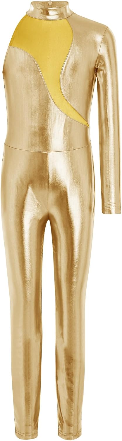 Agoky Kids Girls Metallic Unitard One Shoulder Long Sleeve Bodysuit Spandex One Piece Sparkly Full Body Leotard