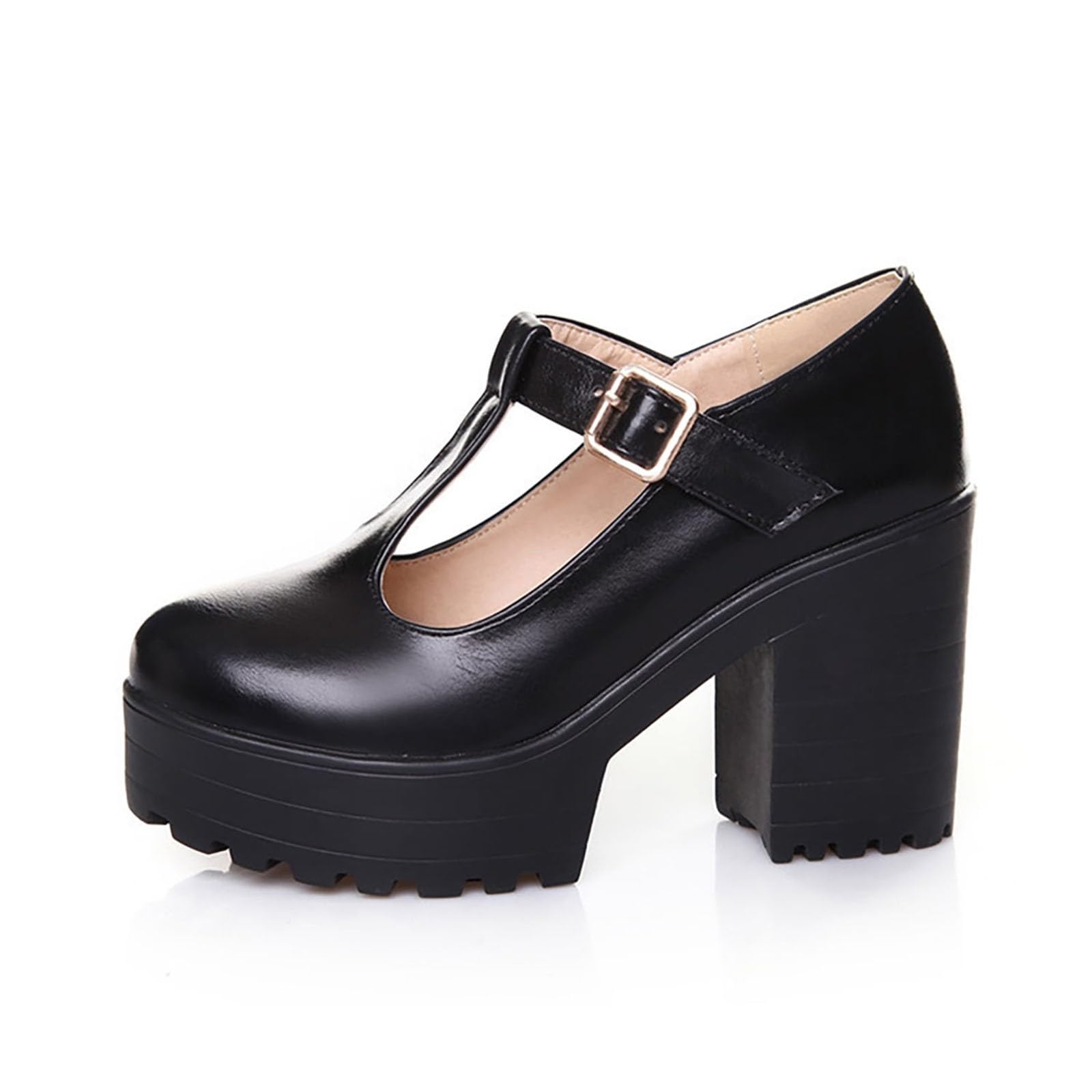 Scarpe da donna eleganti con plateau, in pelle, stile Mary Jane, comode