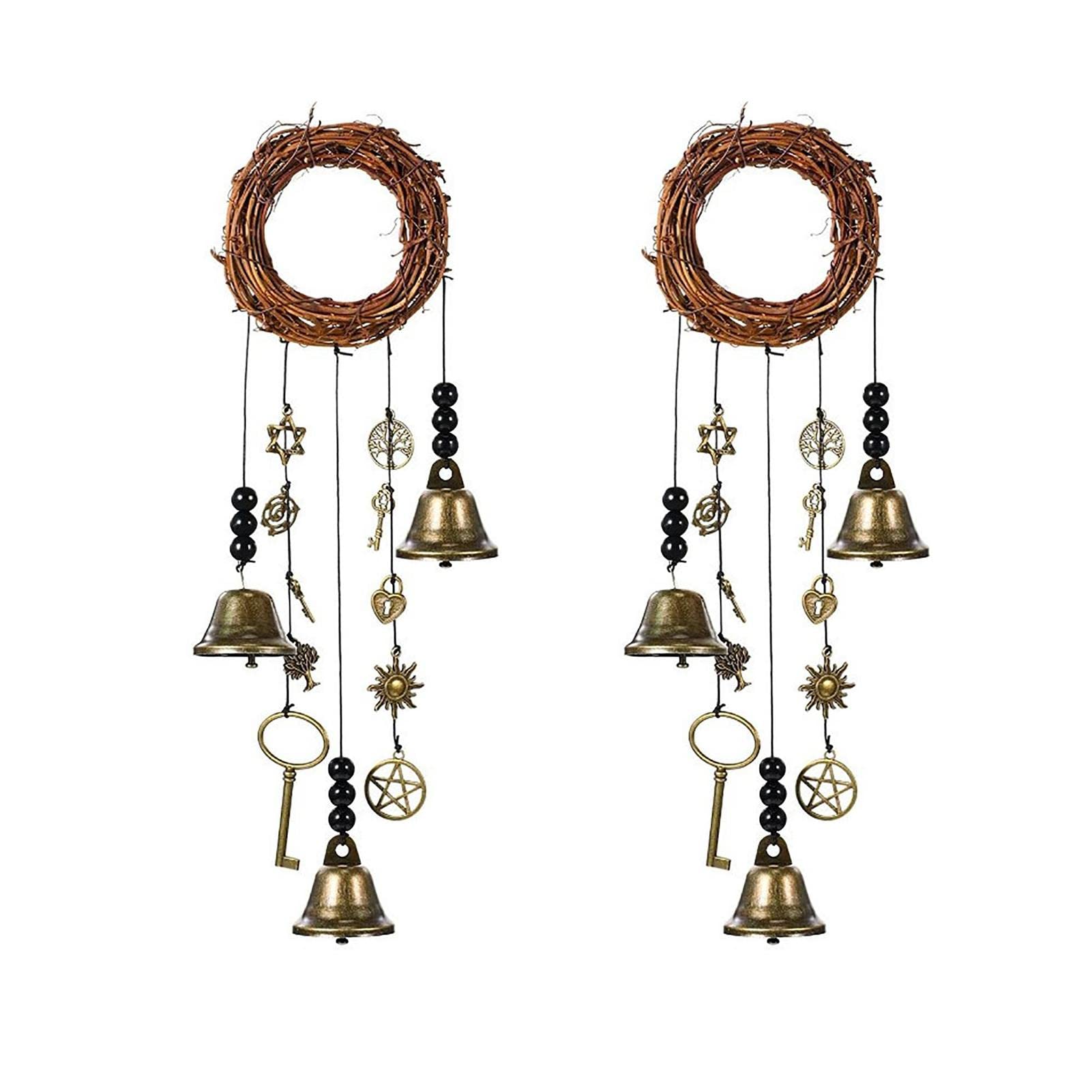 2 Witch Bell Wind Chime, Hanging Witch Bells Protection Door Hangers, Hanging Door Window Decorations with Wind Bells, Rattan Wreath for Good Luck, Wicca Supplies