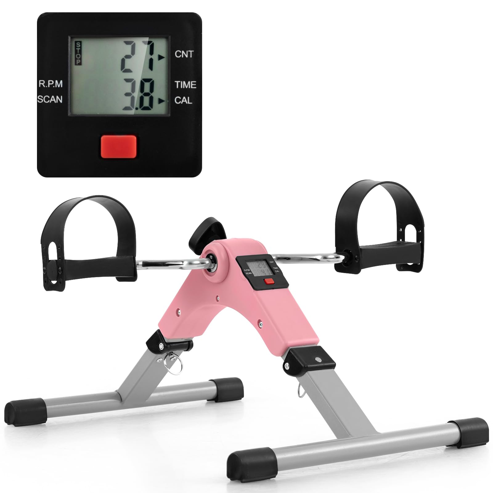 GYMAX Mini Exercise Bike, Portable Arm & Leg Peddler Machine with LCD Display and Adjustable Resistance, Under Desk Pedal Exerciser for Home Office Training (Pink)
