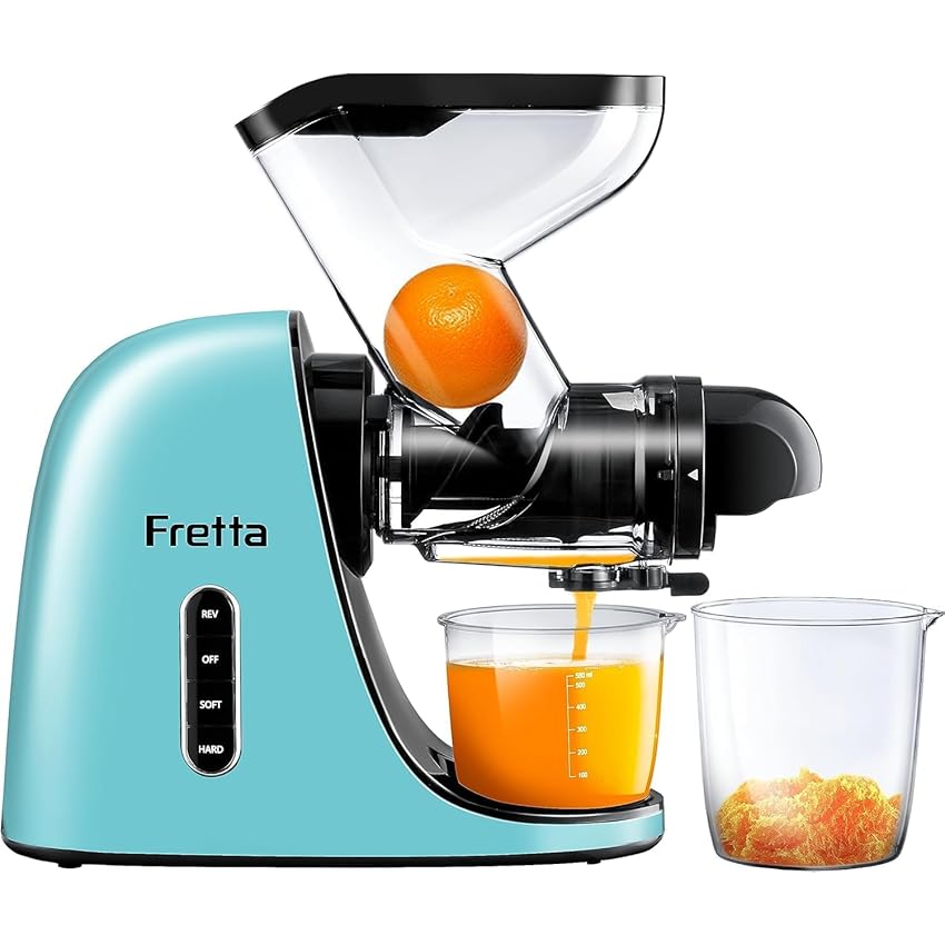 Fretta Estrattore di succo, con Ampio Scivolo di Caricamento, Senza BPA, Spremiagrumi per Sedano, Estrattore con Motore DC Silenzioso e Funzione Inversa,Azzurro