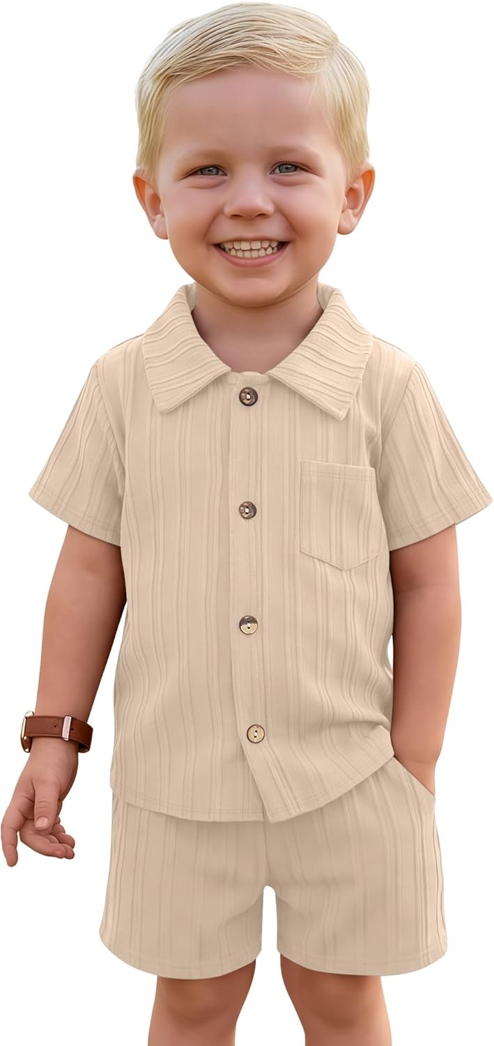 Toddler Baby Boy's Clothes Set Ribbed Button-down Cotton Shirt Tops and Shorts Summer Outfit 2 Pcs with Pockets