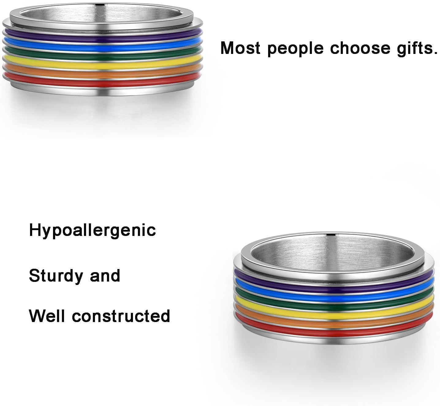 HIPUNK Rainbow LGBT Pride Ring - Stainless Steel Enamel Lesbian Gay Bisexual LGBTQ Pride Month Wedding Engagement Band Rotatable Unisex Colorful CZ Couples Eternity Ring Men Women - Image 6