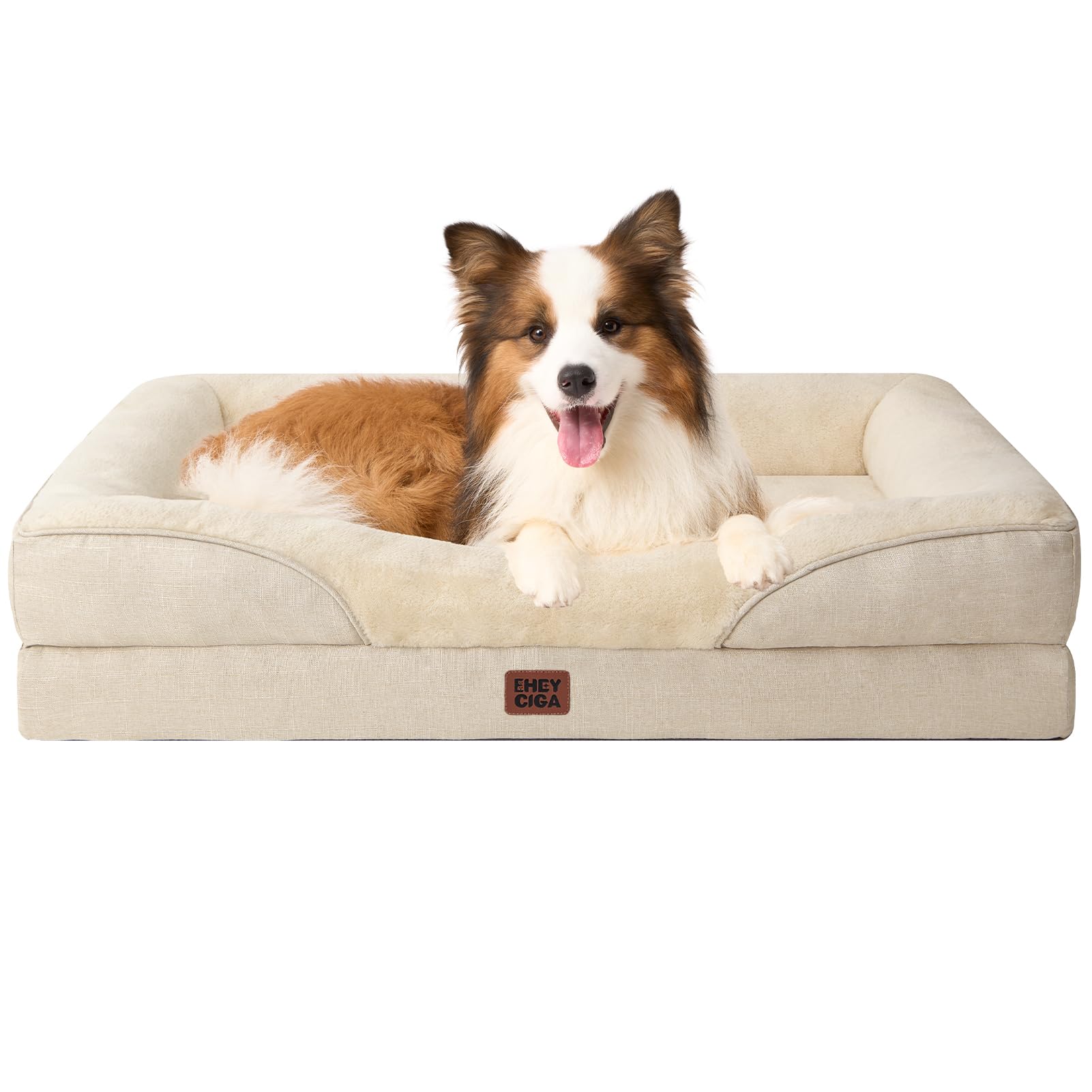 EHEYCIGA Memory Foam Cuccia Cane Interno Taglia Grande, Impermeabile Divano per Cani Sfoderabile e Lavabile, Letto per Cani con 4 Bordi Rialzati, Beige, 104.1x68.6x18.9cm