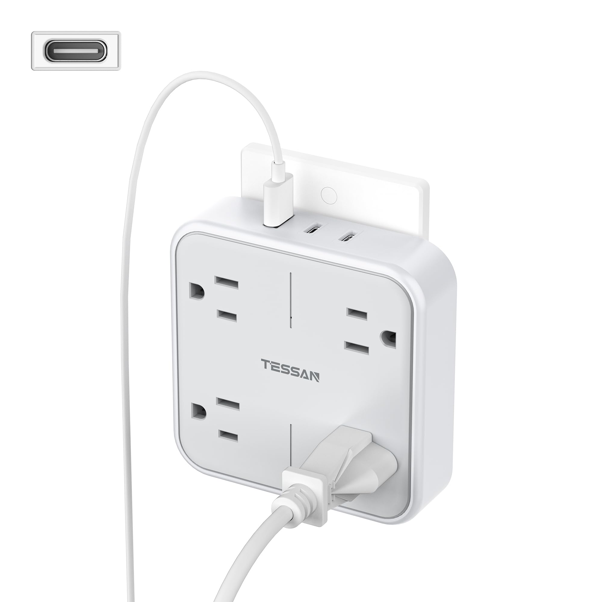 Surge Protector Wall Outlet Extender, TESSAN 4 Multi Plug Outlet Splitter with 3 USB Ports (2 USB C), Multiple Plug Extension Block for Home Office Dorm Room Essentials, Gray