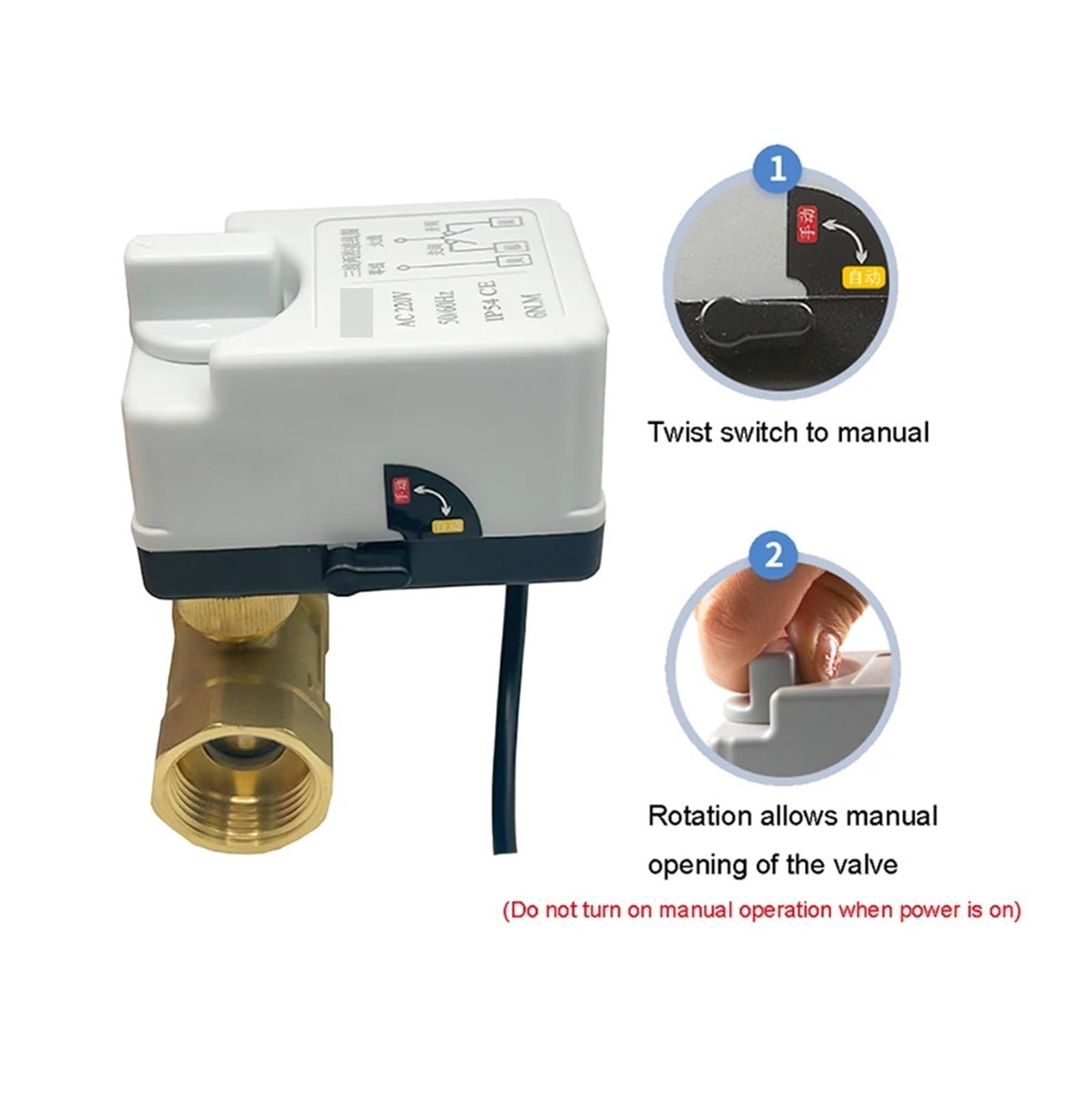 1/2" 3/4" 1" 1-1/4'' 2" 2-drogowy elektryczny zawór kulowy z przełącznikiem ręcznym 220 V 12 V 24 V 3-przewodowe, 2-sterowane mosiężne zawory kulowe z napędem(DN15,220VAC)