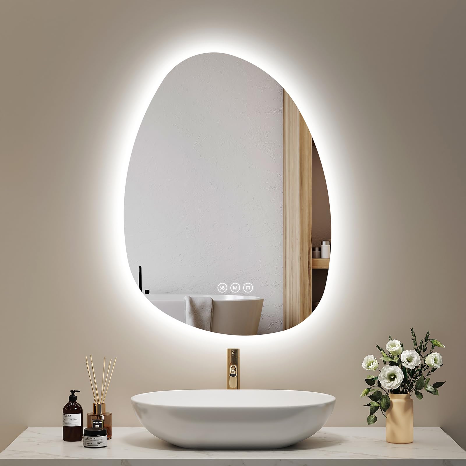 EMKE Specchio da bagno con illuminazione, 75 x 55 cm, specchio asimmetrico con touch, 3 colori di luce, dimmerabile, senza appannamento, specchio da bagno con illuminazione IP44, risparmio energetico